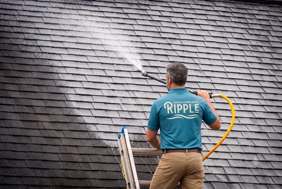 Ripple technician soft-washing a shingle roof from a ladder