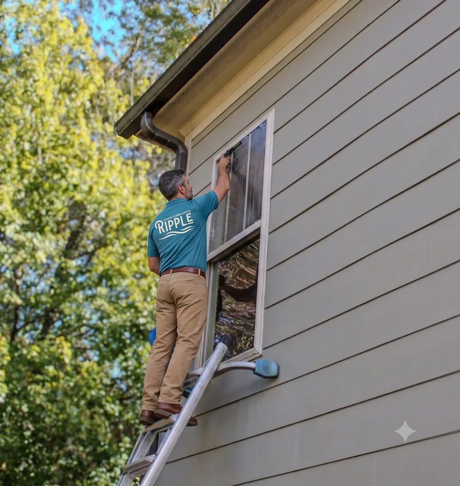 Ripple technician cleaning a second-story window from a ladder